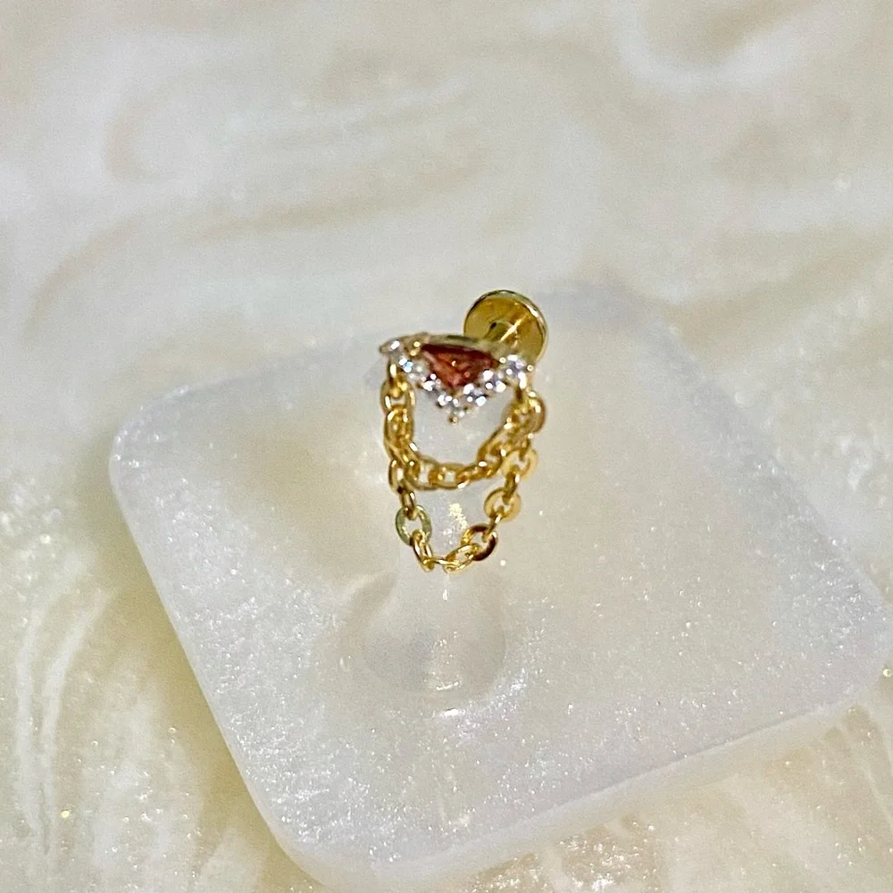 Gold Chain Stud cartilage Earring with Red zirconia